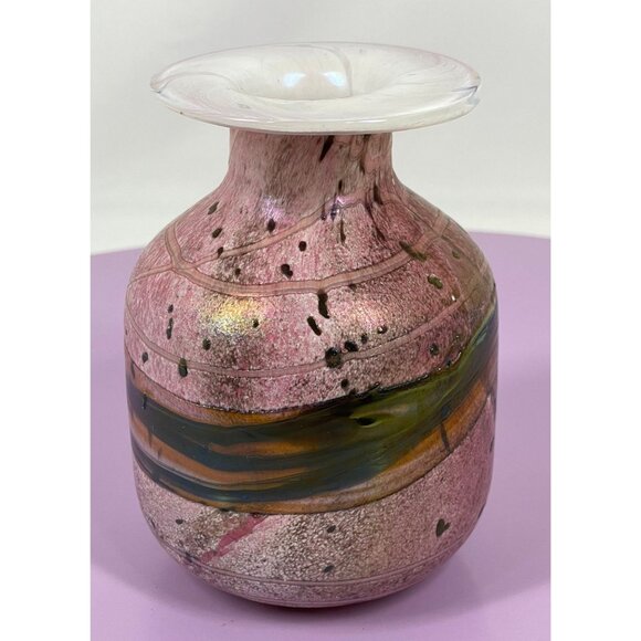 Vintage art glass vase, pink, green, gold, hand blown, signed Gozo Jean - Picture 6 of 10